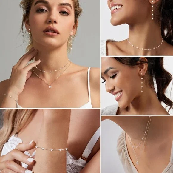 Jewelry Set-Silver Women Dainty Pearl Choker Earrings Bracelet Wedding Gift